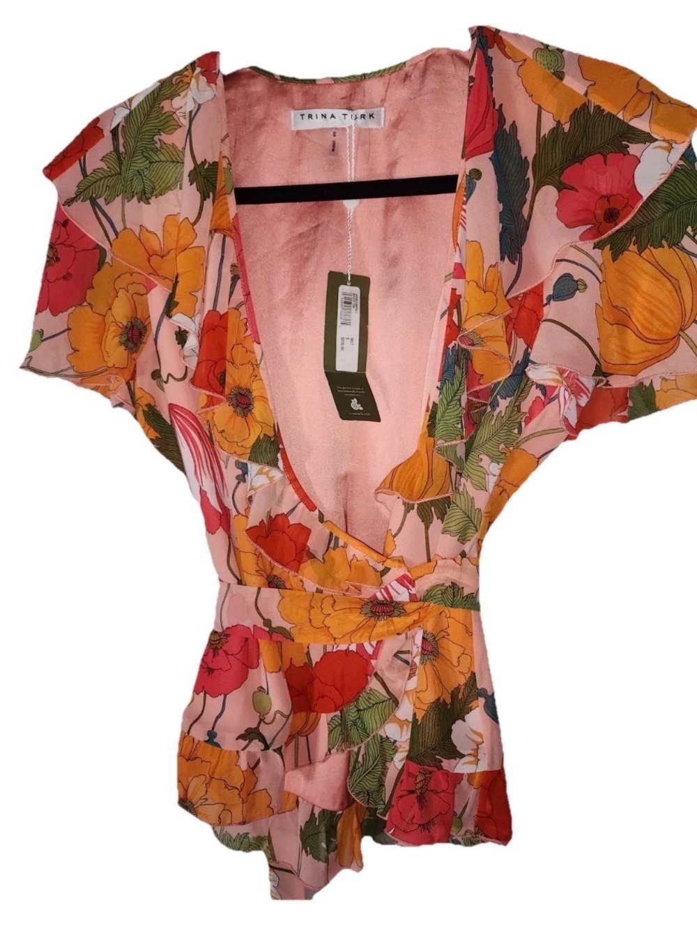 Trina Turk Pink Floral Wrap Blouse with Yellow & Orange Blooms